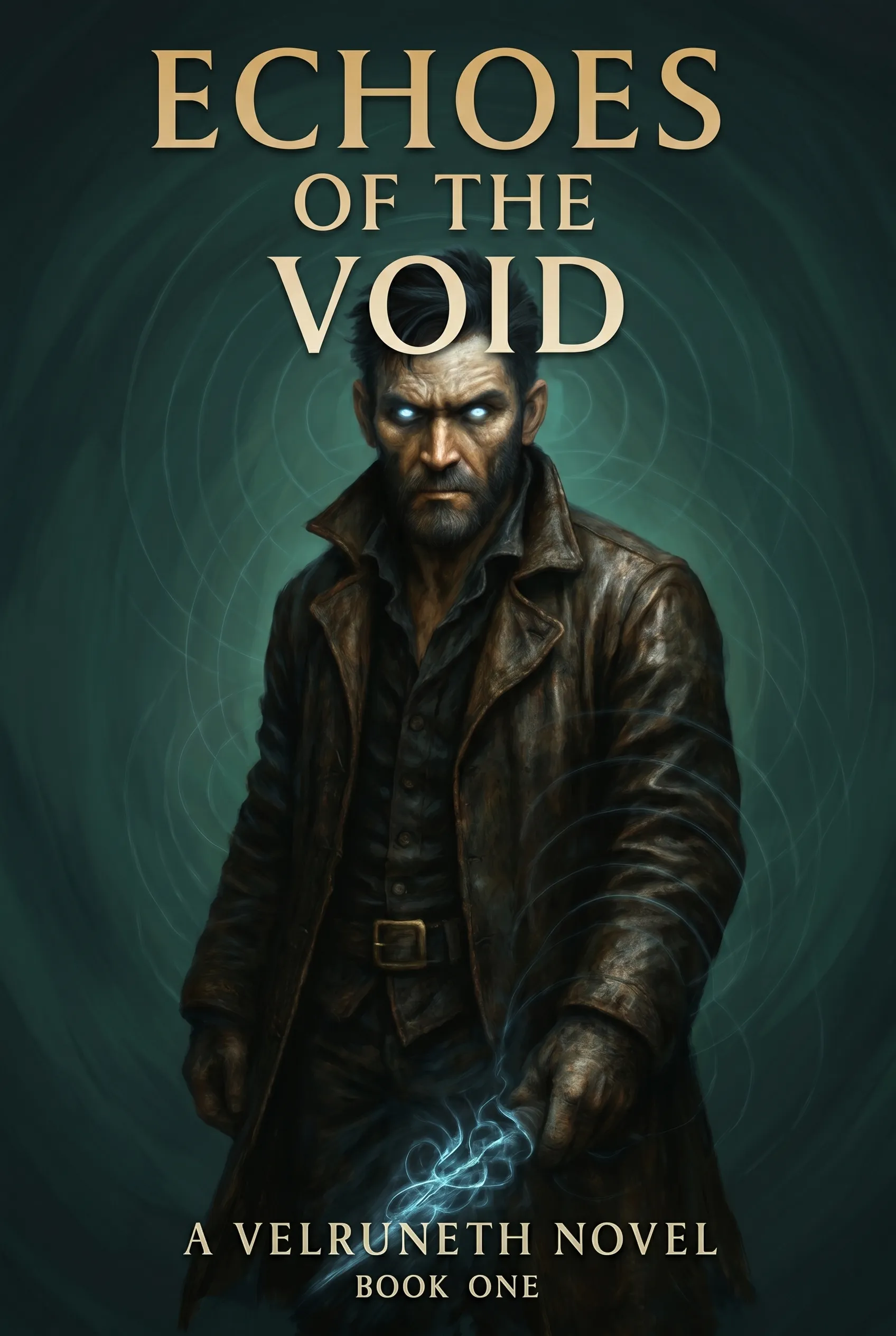Echoes of the Void cover: a grim, weathered man standing in a long leather coat with glowing eyes and cold blue energy curling from his hand, concentric ripples behind him; the title above and 'A Velruneth Novel, Book One' beneath