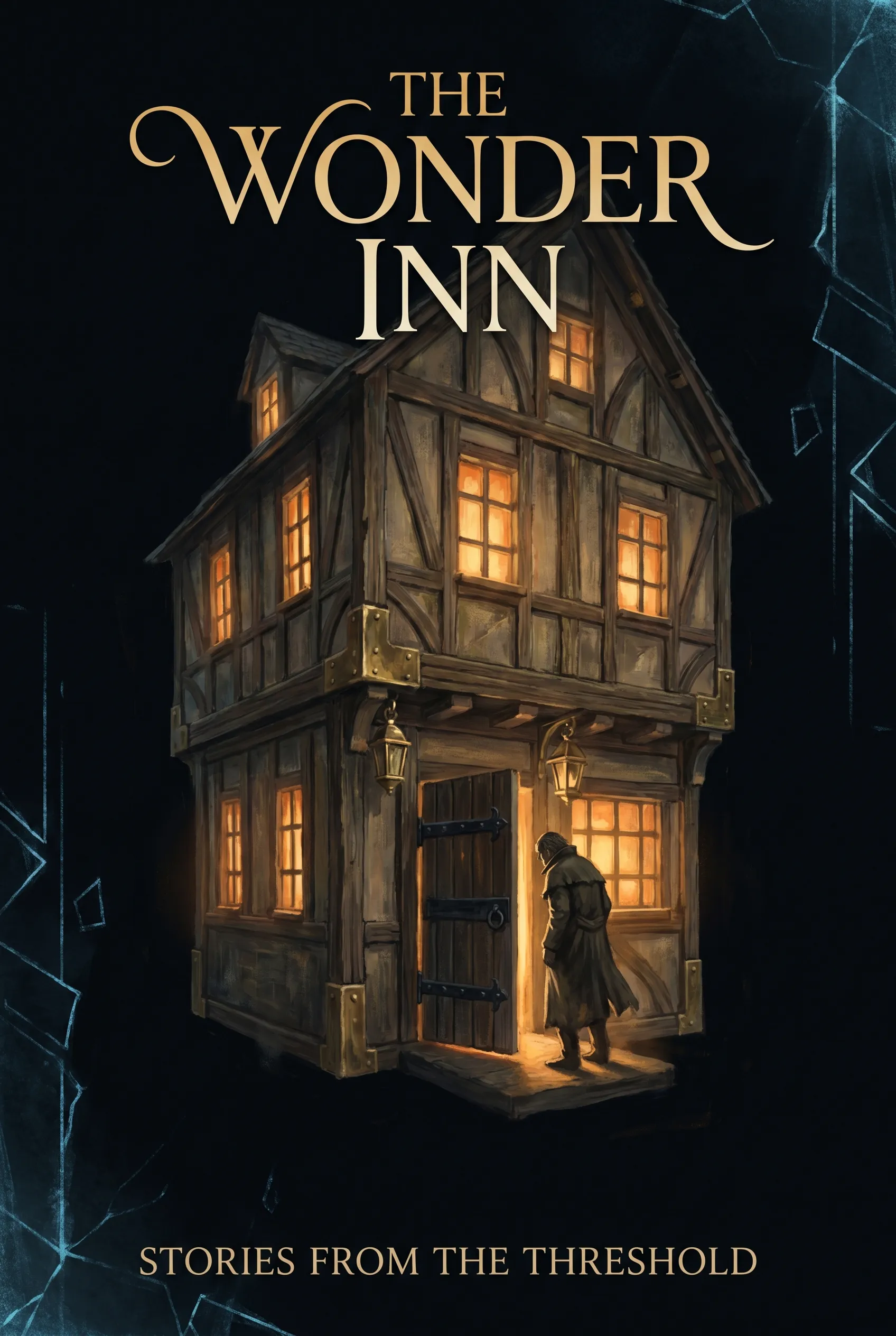 The Wonder Inn cover: a warm, lamplit timber inn floating alone in the dark, its door ajar with a cloaked figure silhouetted on the threshold